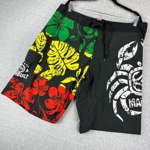 Maui Built Board Shorts Mens 36 Black Rasta Floral Scorpion Aloha Culture Hawaii